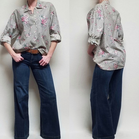 Vintage Tops - Casey & Max Vintage 80s Mixed Media Floral Striped Hi-low Button Up Blouse L